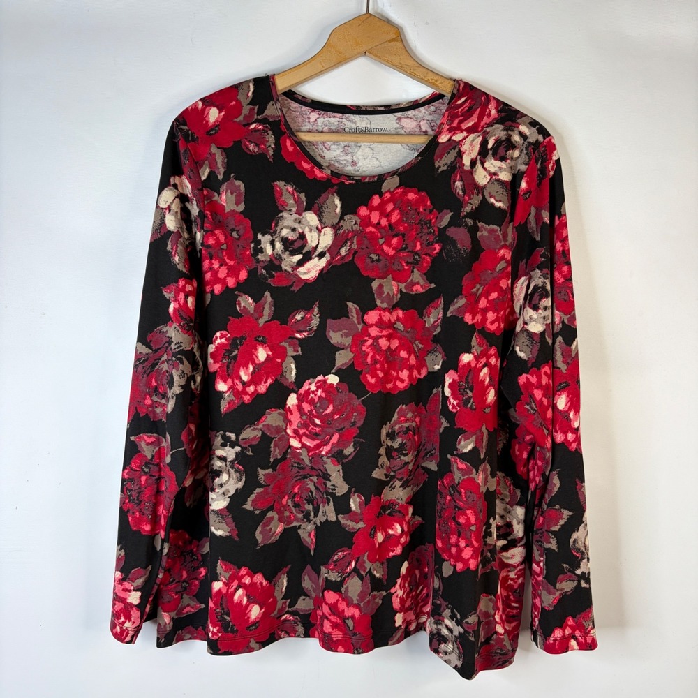 Croft & Barrow Floral Tee Women 2X Black Red Long Sleeve Cotton Crew Neck Top